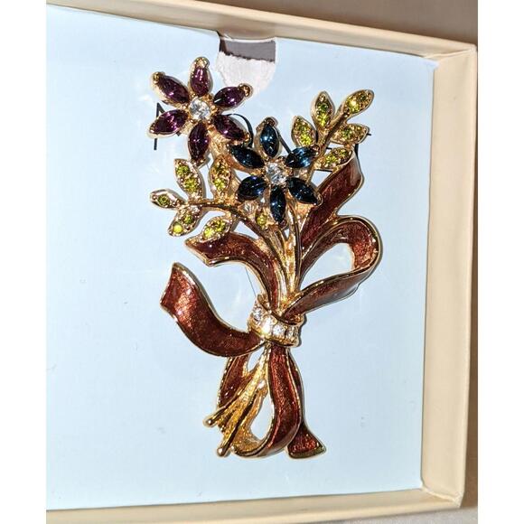 Vintage MONET Fall Flower Bouquet Brooch Pin Jeweled & Enameled Ribbon NIB - Picture 6 of 8